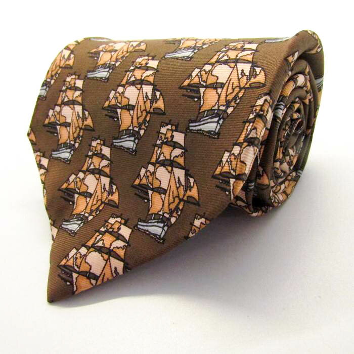 プリマクラッセ ブランド ネクタイ 船 ヨット 総柄 シルク イタリア製 PO メンズ ブラウン PRIMA CLASS..