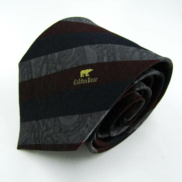 ゴールデンベア ブランド ネクタイ ロゴ ストライプ柄 ペイズリー シルク PO メンズ グレー Golden Bear 【中古】