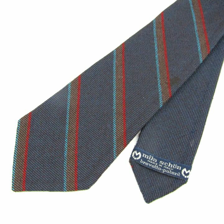 ミラショーン ネクタイ ブランド ストライプ柄 brevetto patent ウール イタリア製 メンズ ネイビー×ブラウン mila schon 【中古】