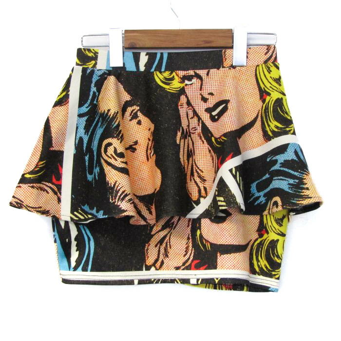 バックステージ ミニスカート アメコミ柄 ストレッチ ボトムス レディース Sサイズ ブラック×オレンジ系 BACKSTAGE 【中古】