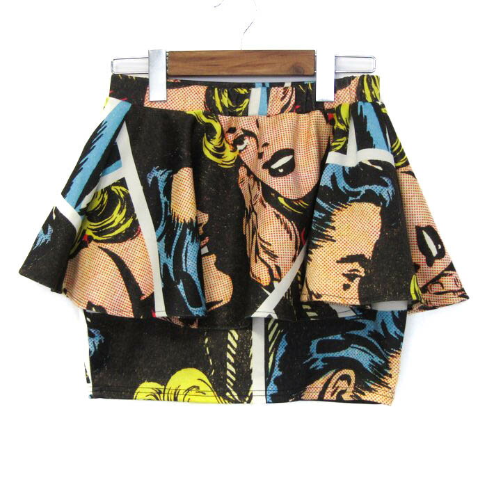バックステージ ミニスカート アメコミ柄 ストレッチ ボトムス レディース Sサイズ ブラック×オレンジ系 BACKSTAGE 【中古】