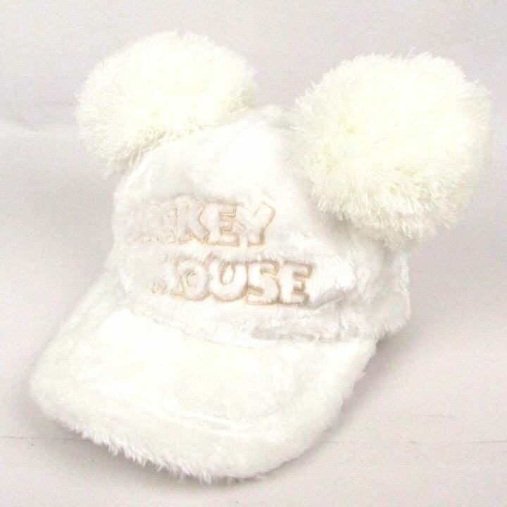 東京ディズニーリゾート ファンキャップ 帽子 ミッキーマウス グッズ ファー ポンポン レディース 58cmサイズ ホワイト Disney 【中古】