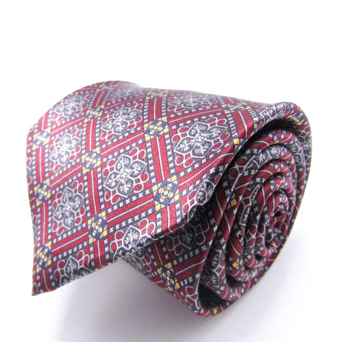 キミジマ ブランド ネクタイ チェック柄 花柄 小紋柄 格子柄 シルク 日本製 PO メンズ レッド KIMIJIMA PARIS TOKYO 【中古】