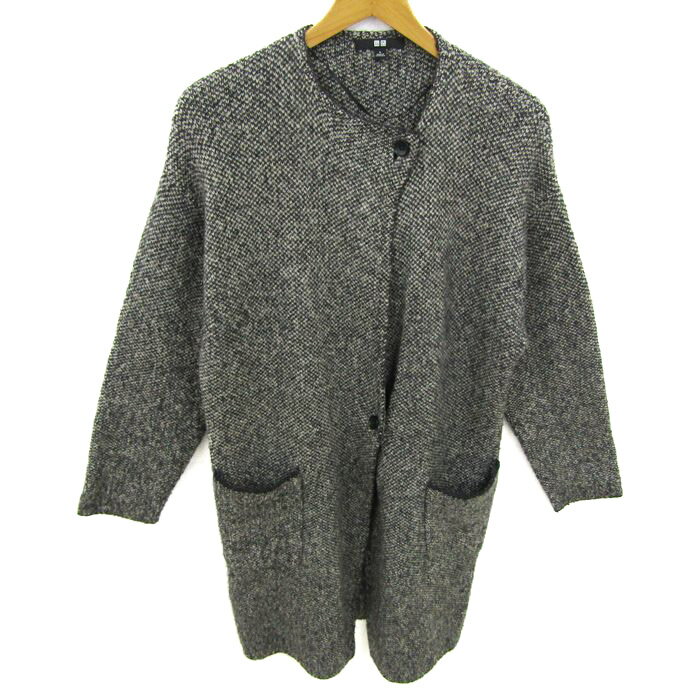 ユニクロ ニットコート ノーカラーコート ジャケット アウター レディース Lサイズ グレー UNIQLO 【中古】