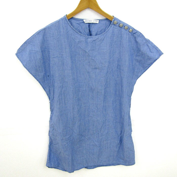 ザラ ベーシック Z1975 DENIM 半袖 チュニック クルーネック シャツ トップス ひもなし レディース USA Sサイズ ブルー ZARA BASIC 【中古】
