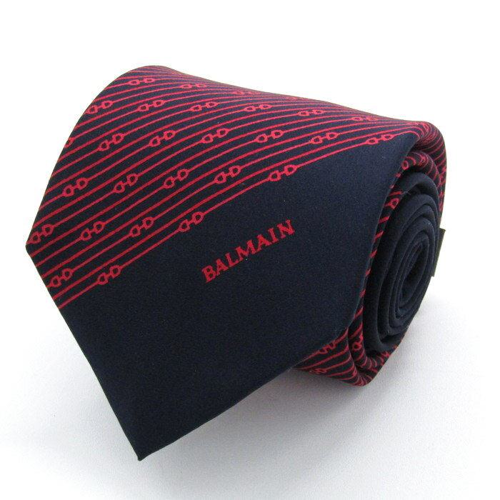 ピエールバルマン ブランド ネクタイ ロゴ ストライプ柄 ドット シルク 未使用タグ付 PO メンズ ネイビー PIERRE BALMAIN 【中古】