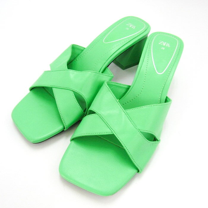 ザラ サンダル スクエアトゥ チャンキーヒール 靴 レディース 39サイズ グリーン ZARA 【中古】