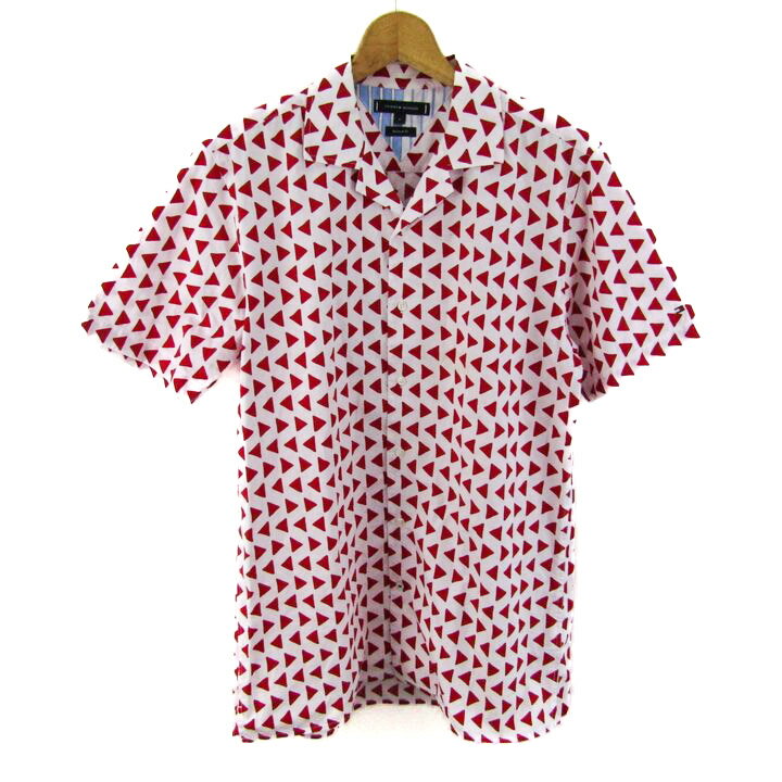 トミーヒルフィガー 半袖シャツ レギュラーフィット 総柄 トップス メンズ Mサイズ ホワイト×レッド TOMMY HILFIGER 【中古】