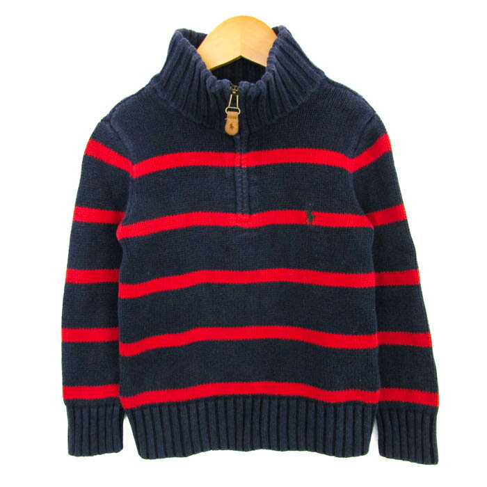 ポロバイラルフローレン ニット 長袖 ハーフジップ トップス キッズ 男の子用 4/4Tサイズ ネイビー×レッド Polo by Ralph Lauren 【中古】