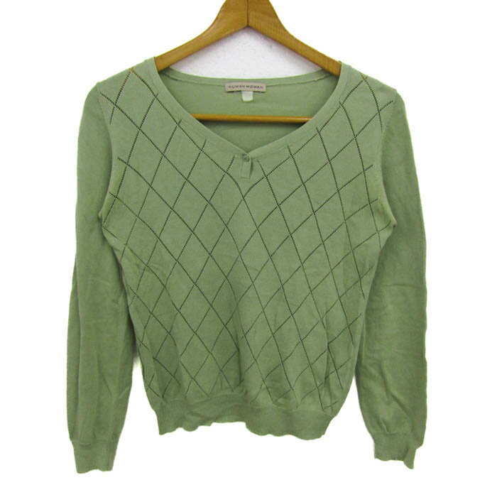 ヒューマンウーマン ニット トップス 長袖 サマーセーター コットン レディース Sサイズ グリーン HUMA..