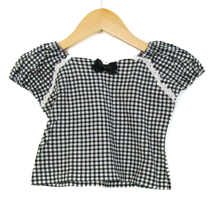 【最大50％OFFクーポン配布中】メゾピアノ ブラウス シャツ トップス 半袖 ギンガムチェック柄 日本製 キッズ 女の子用 110サイズ 黒×白 Mezzo Piano 【中古】