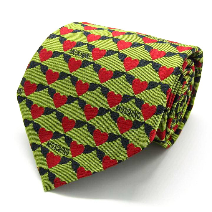 【全品39％OFFクーポン配布中】モスキーノ ブランドネクタイ ロゴ 総柄 ハート 小紋柄 シルク PO メンズ グリーン MOSCHINO 【中古】