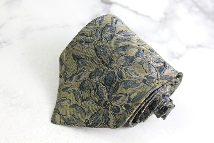 イヴ・サンローラン ブランドネクタイ YSL 総柄 花柄 リーフ柄 シルク PO メンズ カーキ YVES SAINT LAURENT 【中古】