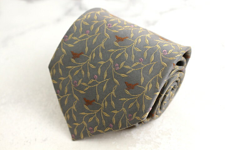 イヴ・サンローラン ブランド ネクタイ リーフ柄 日本製 シルク PO メンズ グレー YVES SAINT LAURENT 【中古】