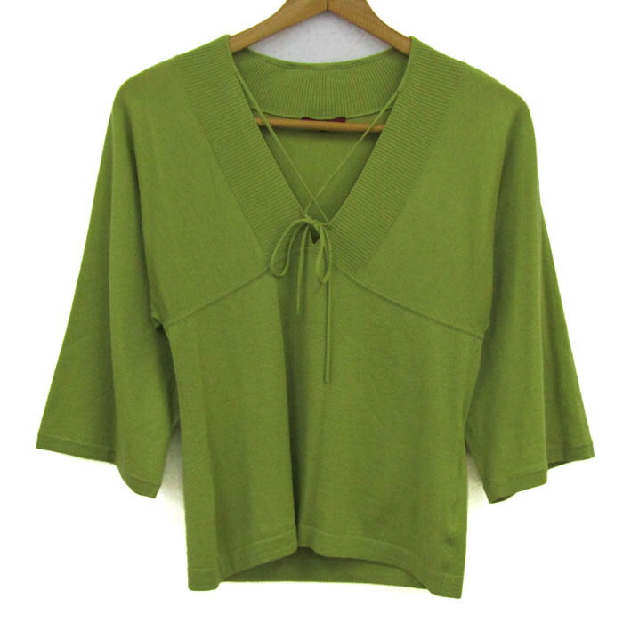 アマカ ニット トップス 五分袖 Vネック リボン レディース 38サイズ 黄緑 AMACA 【中古】