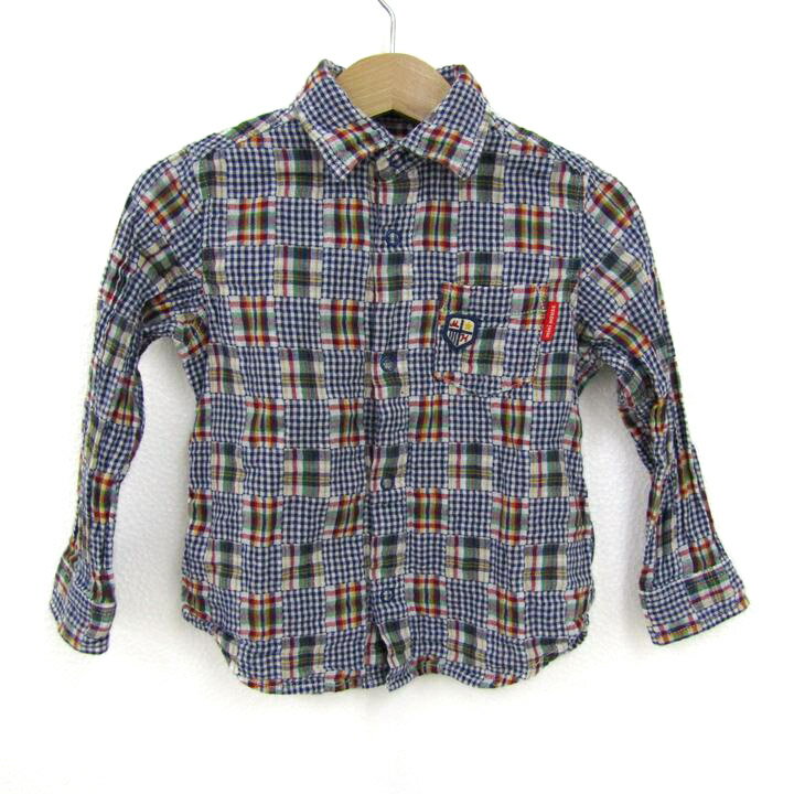 ミキハウス 長袖シャツ トップス チェック柄 キッズ 男の子用 100サイズ 紺×白×緑 MIKIHOUSE 【中古】(4.0)
