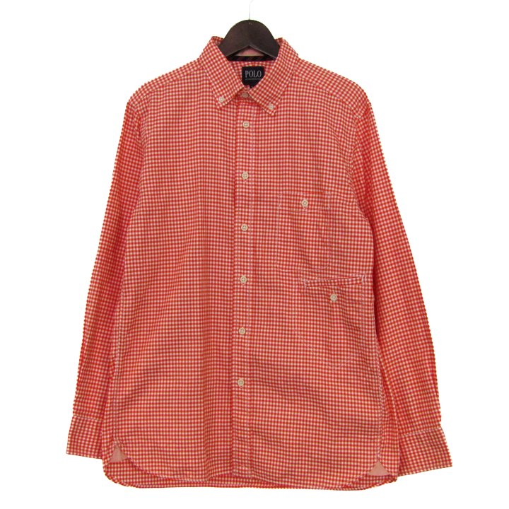 Rakuten - ポロ 長袖シャツ コットン100% ブランド チェック柄 トップス メンズ Mサイズ オレンジ×ホワイト POLO 【中古】