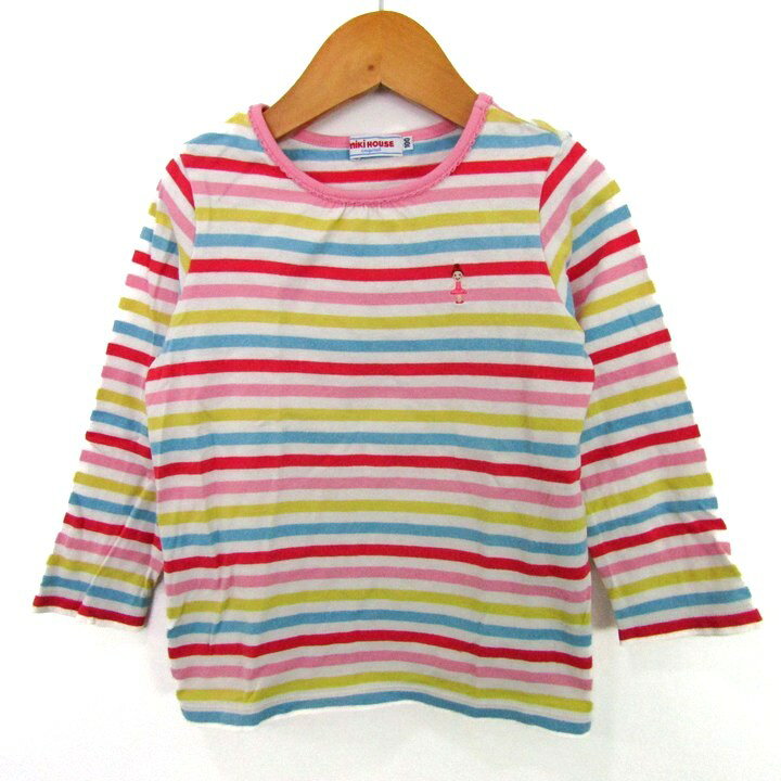 ミキハウス オリジナル カットソー ボーダー シャツ トップス キッズ 女の子用 100サイズ ホワイト MIKIHOUSE 【中古】