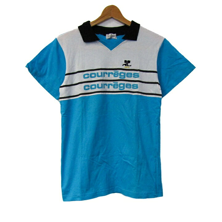 クレージュ ポロシャツ トップス 半袖 ロゴ コットン ゴルフウエア レディース フリーサイズ 水色×黒 courreges 【中古】