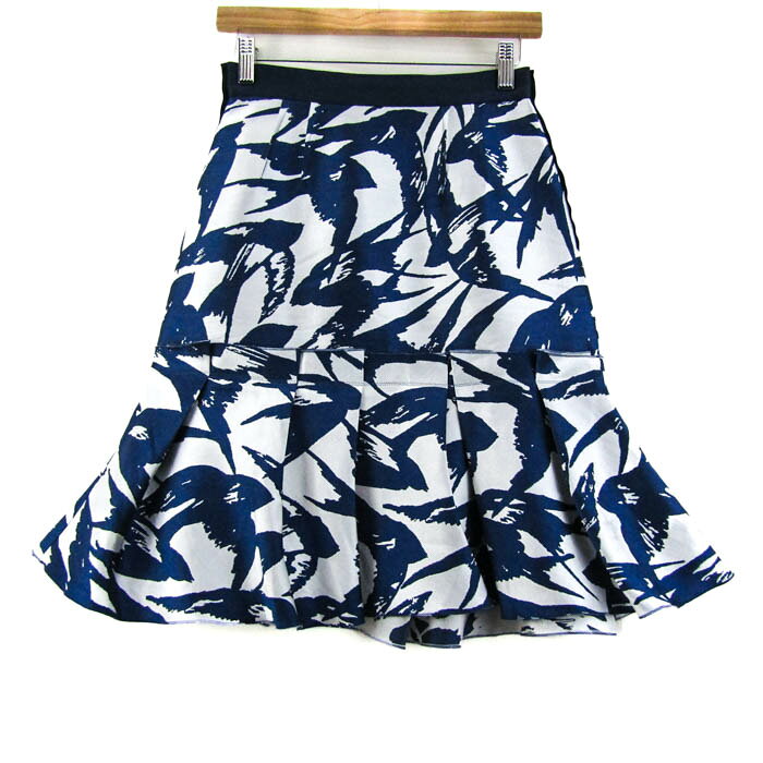 ランバンオンブルー スカート ボトムス プリーツ アニマル柄 シルク混 レディース 36サイズ 白×紺 LANVIN en Bleu 