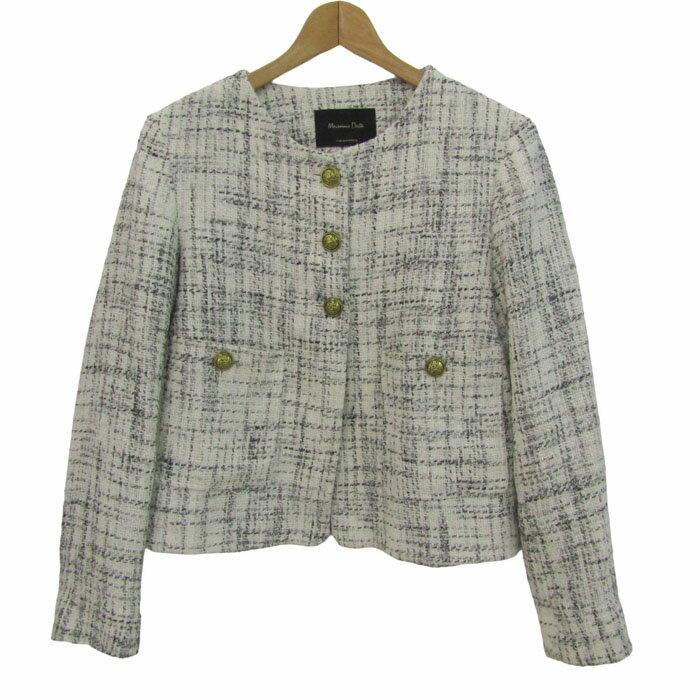 樂天商城 - マッシモドゥッティ ノーカラージャケット アウター ツイード レディース Sサイズ 白×黒 Massimo Dutti 【中古】