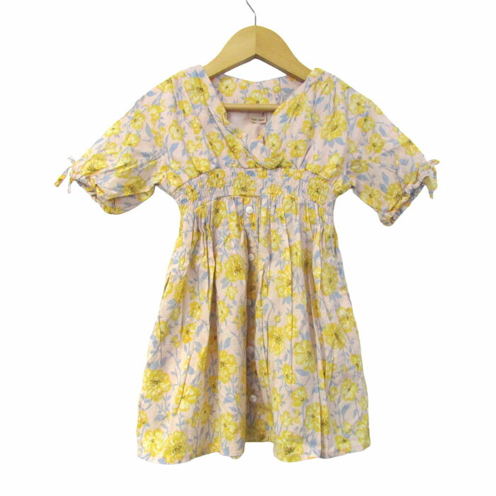 【期間限定50％OFF】プティマイン ワンピース 半袖 花柄 トップス ベビー 女の子用 90サイズ イエロー×ブルー×ピンク petit main 【中古】