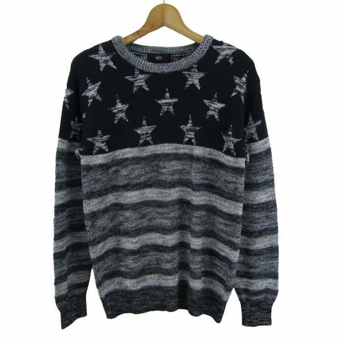 Knit Sweater - アズールバイマウジー ニット 長袖 プルオーバー 星条柄 トップス メンズ Mサイズ ネイビー×ホワイト AZUL by moussy 【中古】