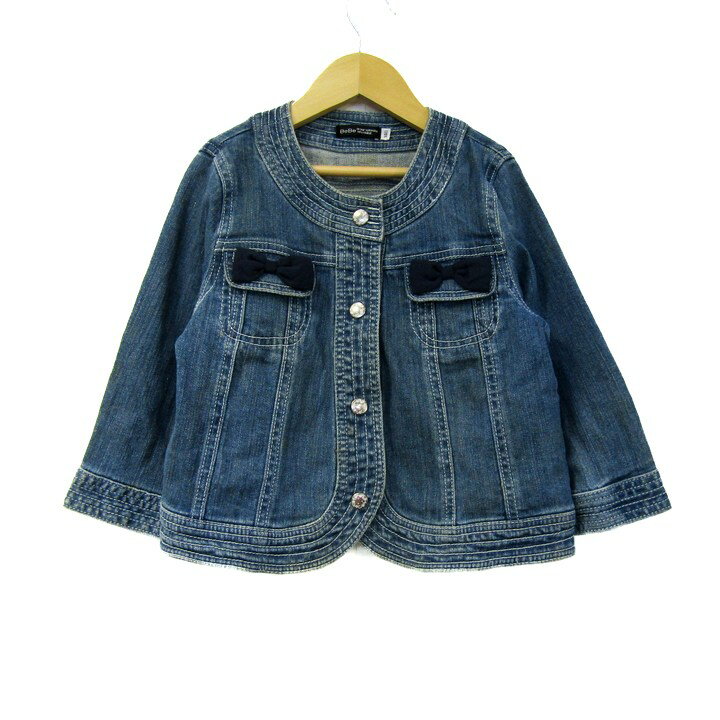 Rakuten - ベベ デニムノーカラージャケット リボン アウター キッズ 女の子用 140サイズ ブルー BeBe 【中古】