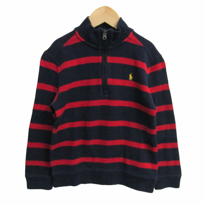 ポロラルフローレン スウェット トレーナー トップス ハーフジップ ボーダー柄 キッズ 男の子用 7サイズ 紺×赤 POLO RALPH LAUREN 【中古】