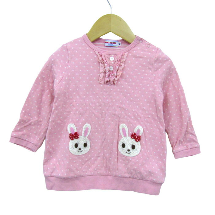 ミキハウス 長袖Tシャツ トップス ドット柄 うさぎ 日本製 ベビー 女の子用 80サイズ ピンク MIKIHOUSE 【中古】
