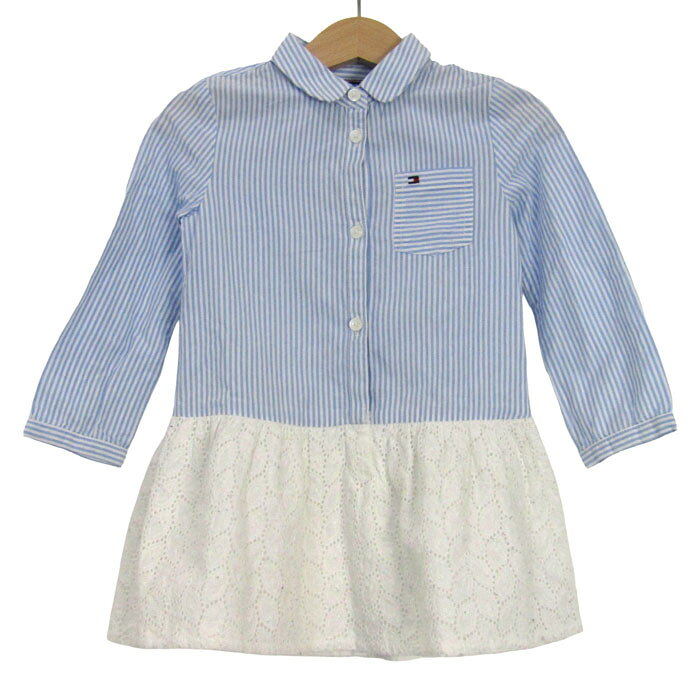 トミーヒルフィガー チュニック シャツ トップス 長袖 ストライプ柄 ベビー 女の子用 92サイズ ホワイト×ブルー TOMMY HILFIGER 【中古】