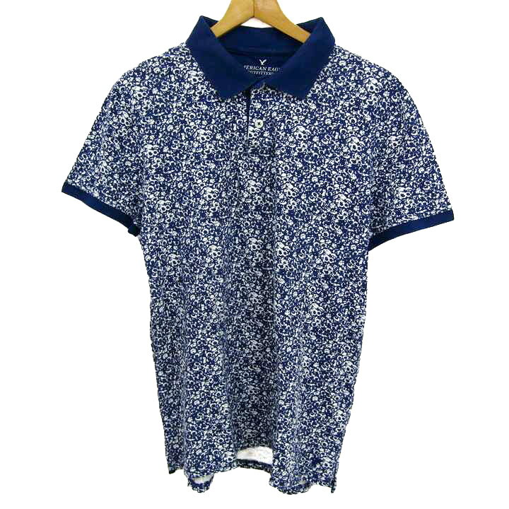 アメリカンイーグル ポロシャツ トップス 半袖 総柄 ゴルフウエア メンズ Mサイズ ブルー×ホワイト American Eagle 【中古】