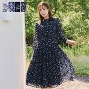 花柄フリルドレープワンピース レディース ロングワンピ ドレープ 膝丈 ミモレ丈 ミディアム丈 長袖 クルーネック ラウンドネック フィット&フレア タック 後...
