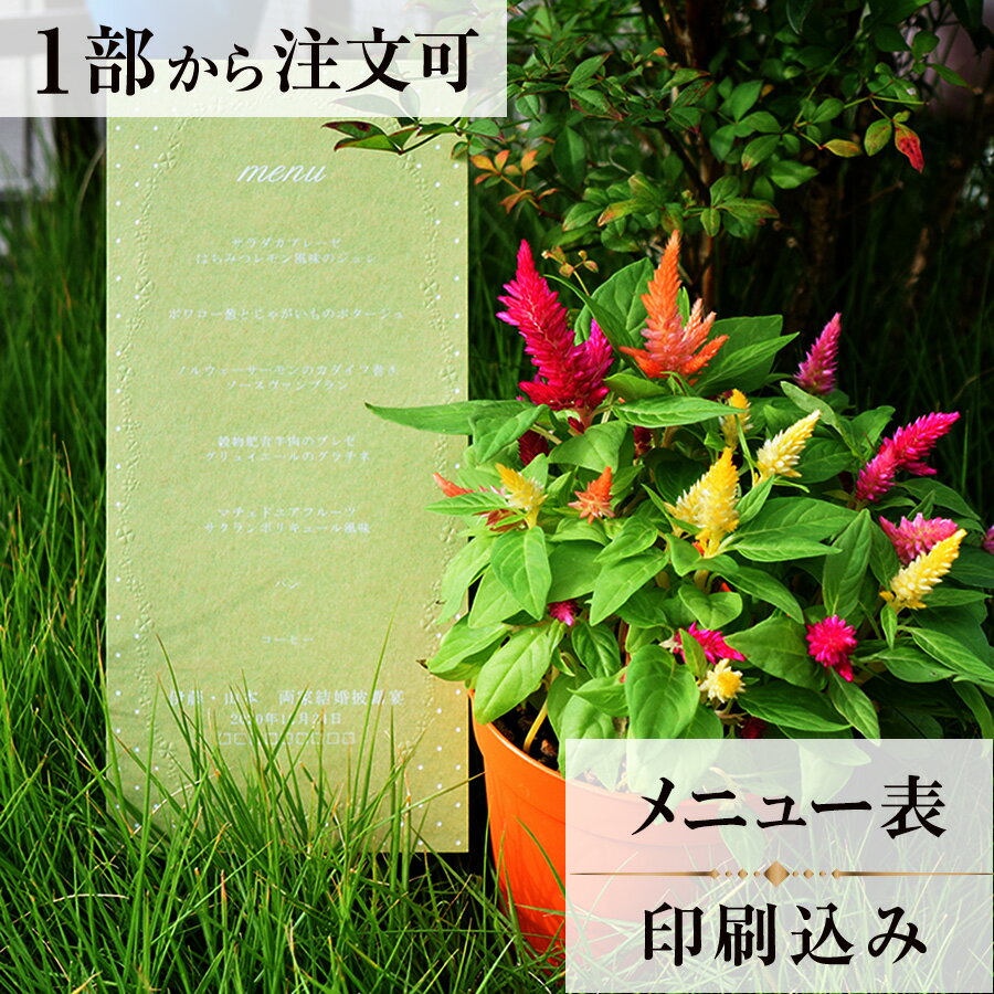 2022年11月1日より小部数1～9部(10セット未満)のご注文、 お急ぎ納品(2週間以内の納品)にはオプション料金が別途発生いたします。 該当するご注文に関しましては、各オプションも併せてご注文くださいませ。 ご理解ご協力の程、何卒よろしくお願いいたします。 ドット柄にクローバーのデザインを合わせて、 かわいらしさを表現しております。 幸せの四つ葉のクローバーで、 包み込んだイメージのデザインです。 【商品詳細】 　結婚式 メニュー表 　W100mm×H220mm 　横書き メニュー表と同じデザインで、席次表・席札もございます！ ※小部数1～9部(10セット未満)でのご注文の場合、校正料金が発生いたします。 商品と併せてご注文くださいませ。 校正料金 ※お急ぎ納品(2週間以内の納品)をご希望の場合、特急料金が発生いたします。 商品と併せてご注文くださいませ。 特急料金 【ティアーモは　親切・丁寧・安い】 ティアーモのペーパーアイテムは全て印刷込みにて提供させていただきます。 専門スタッフが『安くてもいい物』をモットーに 一枚から お客様の感動を求めて作成致しております。 【ご注文の流れ】 まずはカートより必要枚数分ご注文ください。 ご注文後、メニュー作成フォームをメールにてお送りいたします。 必要箇所をご入力いただき、ご返信いただけますと幸いです。 パソコンをお持ちでない方もご安心ください！ メールにて、作成イメージ原稿をお送りいたしますので 文字や配置をご確認ください。 変更点等ございましたら、お気軽にお申し付けください。 変更したものを再度お送りさせていただきます。 お客様からのチェックが完了いたしましたら、発送の手配をさせていただきます。 【ご要望がございましたらご相談ください！】 ご不明点などございましたら、お気軽にお問い合わせください。 ベテランスタッフが対応いたします。 関連キーワード 招待状/結婚式 招待状/芳名帳/ゲストブック/席札/引き出物 紙袋/ゲストカード/引き出物袋/ゲストカード 結婚式/結婚式 招待状 印刷込み/芳名帳 結婚式/マスクケース 席札/席札 マスクケース/引き出物 袋/結婚式 芳名帳/結婚式招待状/席次表/結婚式 席札/芳名帳 結婚式 カード/結婚式 招待状 1枚/芳名帳 カード/ウェディング ゲストブック/結婚式 ゲストカード/引出物袋/席札 印刷込み/招待状 和/紙袋 結婚式/マスクケース/招待状 結婚式/ゲストブック 結婚式/ti amo/