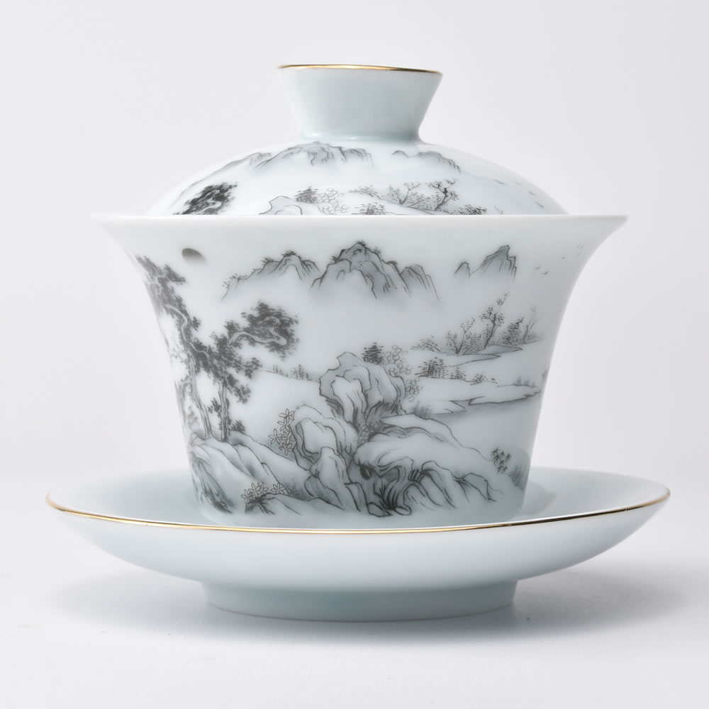 影青山水蓋碗（黒） 130ml（満水170ml）