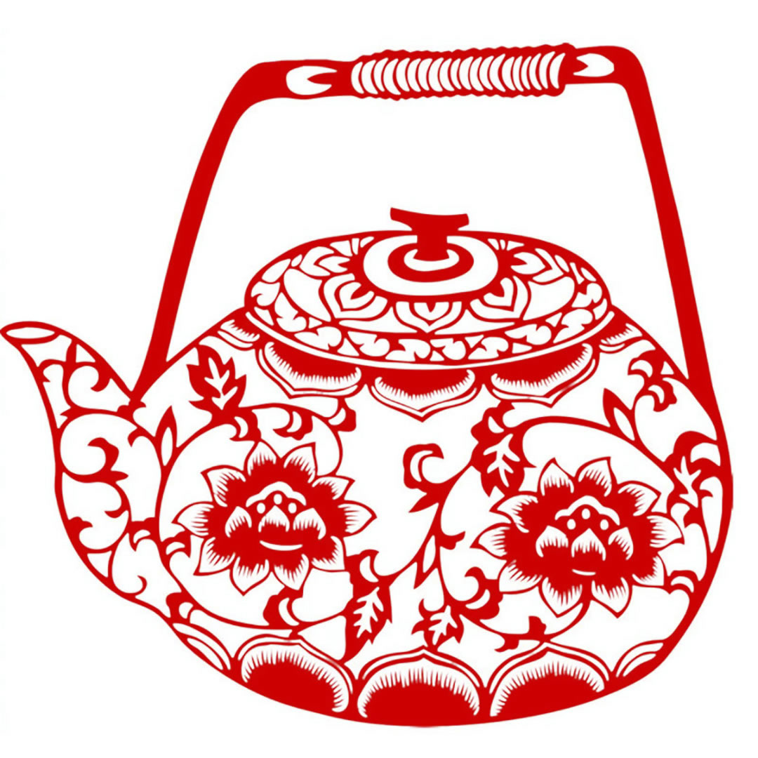 剪紙 青花磁茶壺 幅182×高171mm 中国剪紙