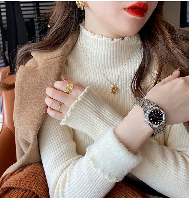 裏起毛 ニット トップス レディース フリルネック ミドルネック セーター モックネック 裏ボア 秋冬 長袖 オフィス カジュアル 暖か 防寒