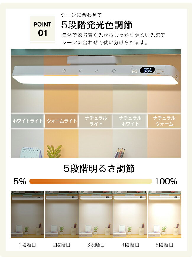 LEDデスクライト タッチセンサー コードレス 充電式 リモコン付き 5段階発光色調節...