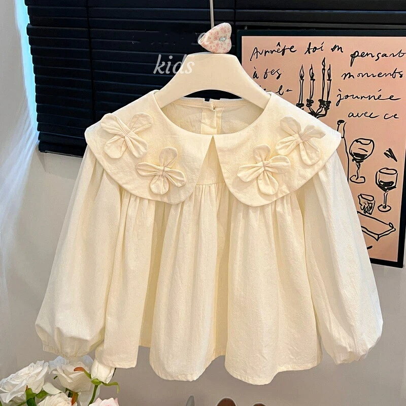 ブラウス シャツ 女の子 大襟ブラウス 立体花飾り 綿 長袖シャツ 春秋 キッズトップス 90‑140cm 子供服