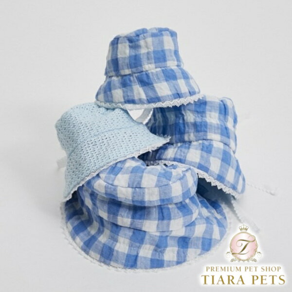 楽天TIARA PETSルイスドッグ louisdog Palm Springs Reversible Bucket Hat/Blue Gingham【小型犬 犬用 帽子 アクセサリー セレブ】