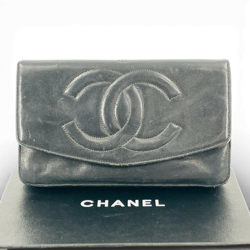 乐天商城 - 【中古】CHANEL ココマーク ブラックラムスキン フォールドオーバーロングウォレット 保証カード付き