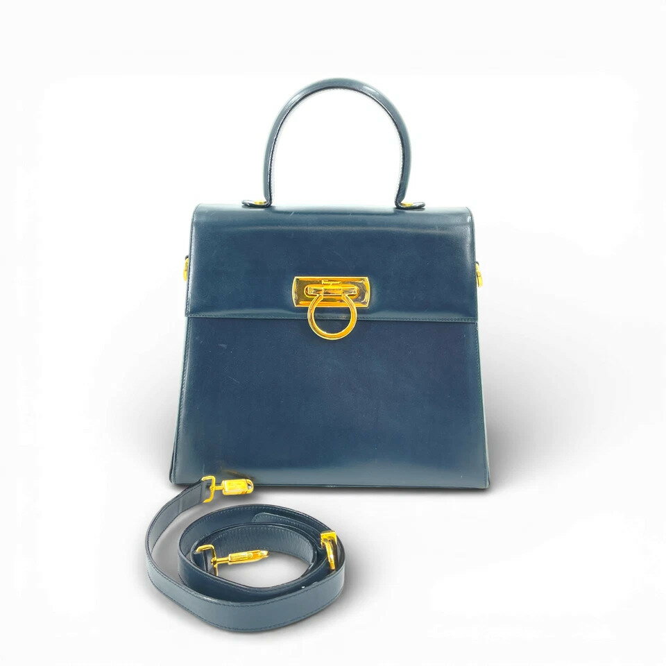 Rakuten - 【中古】Ferragamo ガンチーニ ゴールドメッキ ネイビー レザー 2WAY ハンドバッグ