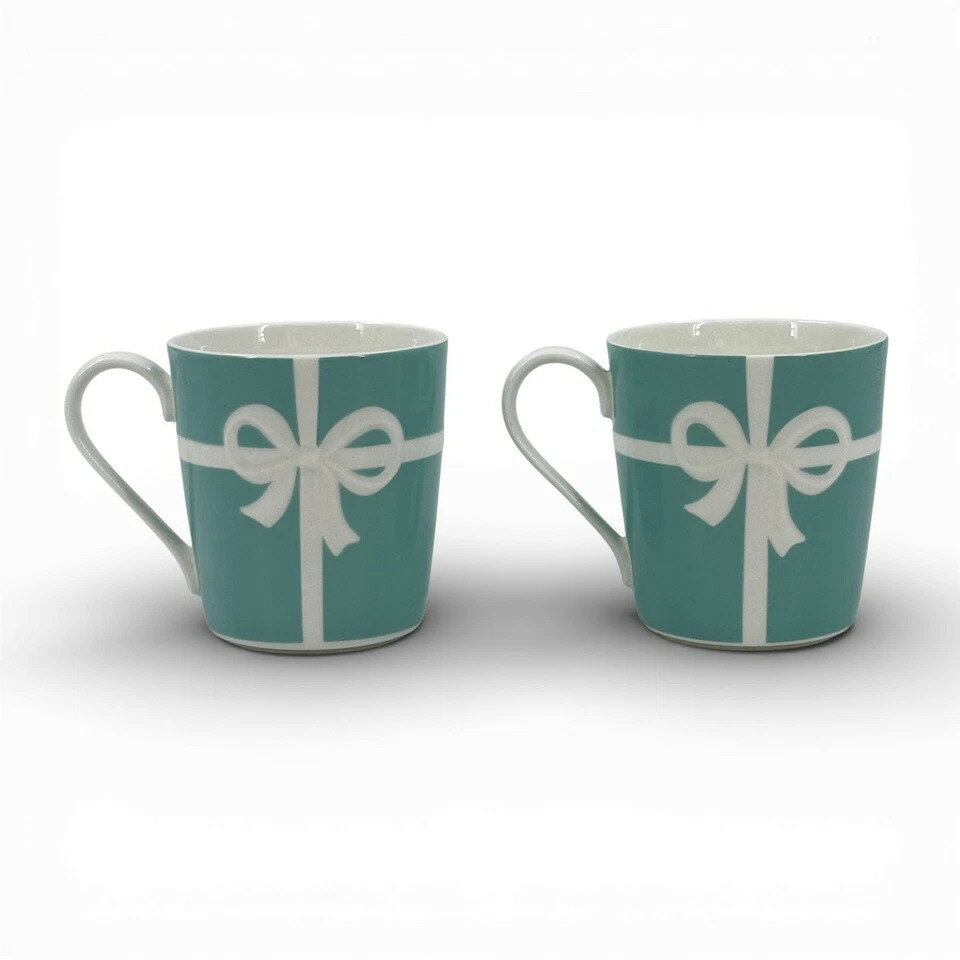 【中古】美品 TIFFANY アベニュー ブルー リボン マグセット 2個セット 箱付き