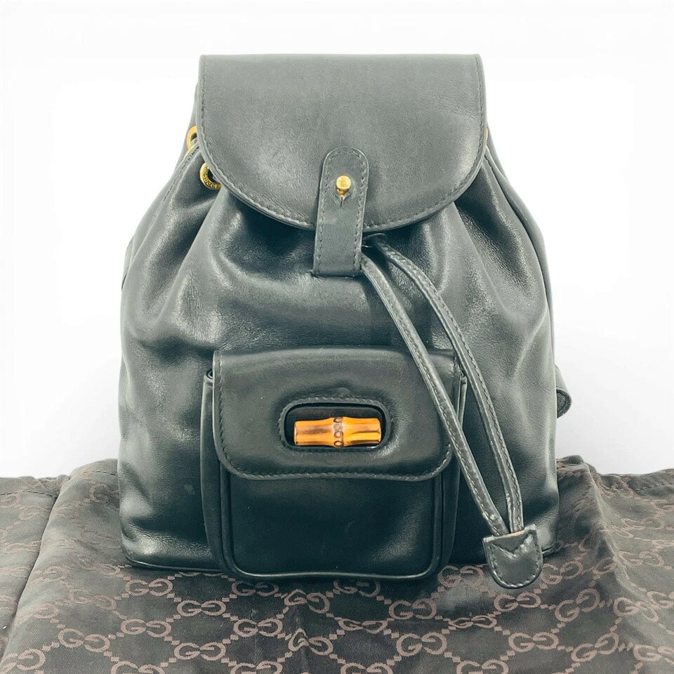 【中古】GUCCI ブラックレザー バンブー レディース バックパック