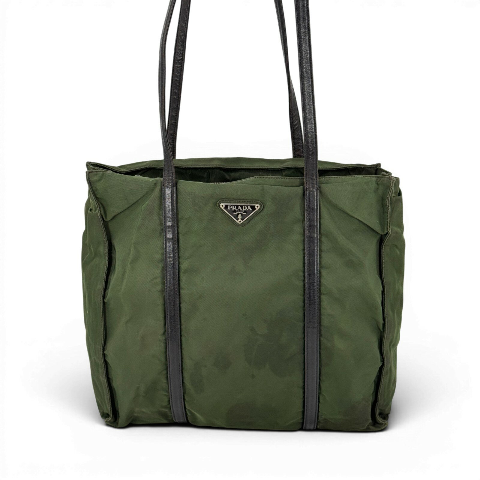 乐天商城 - 【中古】PRADA テスートナイロンレザー カーキ トライアングルロゴ トートバッグ