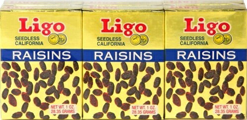 Ligo SEEDLESS CALIFORNIA RAISINS 1 oz (28.35g)×6箱入 (1パックにレーズンが6箱入っております。) Ligo(リゴー)＝「LIBERTY GOLD FRUIT CO.INC」は、カリフォルニアに拠点を置く、フルーツほか食品・飲料のメーカーです。 レーズンには塩分の多い食事のバランスを改善する成分としても注目されているカリウムの他に、カルシウム、マグネシウム、鉄、亜鉛、銅、マンガンなどのミネラルをバランスよく含みます。 脂質は低くコレステロールはゼロです。 レーズンは砂糖よりも吸収されやすく、効率良くエネルギー源になることからスポーツ選手や登山家の補給食等でも利用されています。 名称：ドライフルーツ 原材料名：レーズン・植物油脂 内容量：170g 保存方法：高温多湿や直射日光を避けて保存して下さい。 栄養成分表示(1箱28.35gあたり)：熱量90kcal/たんぱく質1g/脂質0g/炭水化物22g/食塩相当量0.01g 重量：約250g　(内容量170g) ★送料：1～2パック185円(クリックポスト/船便の為、お届けに3～6日ほどかかります。お急ぎの場合は送料差額185円加算にてレターパックライト/航空便お届け2日前後にて承りますのでお申し出下さい) ・3～4パック370円(クリックポスト2通でお届けします / 船便の為、お届けに3～6日ほどかかります。お急ぎの場合は送料差額150円加算にてレターパックプラス/航空便お届け2日前後にて承りますのでお申し出下さい) ・5～6パック520円(レターパックプラス) ・7パック以上は950円(宅配便) ※6パック以下の御注文でも配達日時(時間)指定有の場合は宅配便送料(950円)での御案内となります。 ※クリックポストとレターパックライトは厚さの制限がある為、6個を平らにパックし直して梱包致します。 ※宅配便利用時で、離島へのお届けの場合、ゆうパックでのお届けになります為、別途送料500円を頂戴致します。 ☆温度・湿度等、良い状態でお届けできますよう、お客様からの御注文確認後にメーカーへ発注致します。 その為、御出荷まで3営業日前後頂戴致しますこと、入荷商品がリニューアル等で予告なく画像と異なるパッケージでの出荷とさせて頂くこと、稀にメーカー欠品が発生してしまう場合(御連絡を差し上げます)がございます。 御了承の上、御注文下さいますようお願い申し上げます。