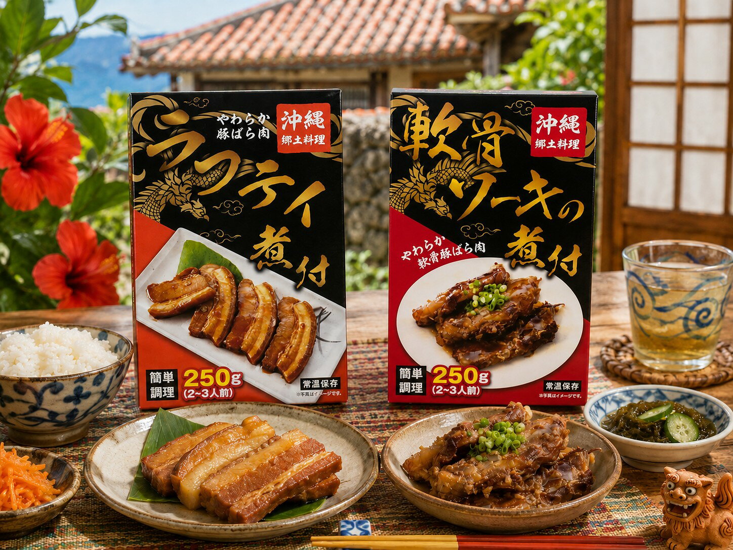 【やわらか豚ばら肉・ラフティ煮付】【やわらか軟骨豚ばら肉・軟骨ソーキの煮付】お好きな組み合わせで2箱をお選び頂けます!! 【やわらか豚ばら肉・ラフティ煮付 2〜3人前 250g】 沖縄のお祝い事や行事に昔からラフテイ(豚バラ肉)は欠かせない一品です。 ラフテイを充分に下ゆでし、余分な脂分とアクを取り除いた後、砂糖醤油でじっくりと煮込みました。 とろけるようにやわらかいラフテイの煮付けをお召し上がりください。 【やわらか軟骨豚ばら肉・軟骨ソーキの煮付 2〜3人前 250g】 軟骨ソーキを沖縄風に砂糖醤油で味付けをし、高圧で調理いたしました。 コリコリとした軟骨は、沖縄そば、煮付けなどに最適です。 内容量(1箱あたり)：250g 発送重量(2箱で)：約700g 1袋あたりの大きさ：縦約20cm×横約13cm×厚さ約3.3cm 常温保存OK 製造所：沖縄ホーメル 販売者：ひまわり総合食品 ★送料：1セット(2箱)350円(ネコポス＊配達日時指定不可となります)・2セット(4箱)700円(ネコポス2通＊配達日時指定不可となります)・3セット(5箱)以上は950円(宅配便) ※ネコポスは厚さ制限がある為、エアーキャップ(緩衝材)での梱包無しでの発送となります。 ※宅配便利用時で、離島へのお届けの場合、ゆうパックでのお届けになります為、別途送料500円を頂戴致します。 ※送料初期表示がネコポス送料の350円になっている為、2セット以上になる場合や他の商品と同梱でネコポスに同梱不可の場合は、別途送料が発生する場合がございます。 →クリックポスト対応商品の場合は別途送料185円/1通・ネコポス対応商品の場合は別途送料350円/1通・レターパックプラス対応商品の場合は別途送料600円/1通・まとめて宅配便での発送になる場合は950円/1個口(＊離島は+500円でゆうパック) ☆お客様からの御注文確認後にメーカーへ発注致します。 その為、御出荷まで長くて1週間前後頂戴致しますこと、入荷商品がリニューアル等で予告なく画像と異なるパッケージでの出荷とさせて頂くこと、稀にメーカー欠品が発生してしまう場合(御連絡を差し上げます)がございます。 御了承の上、御注文下さいますようお願い申し上げます。