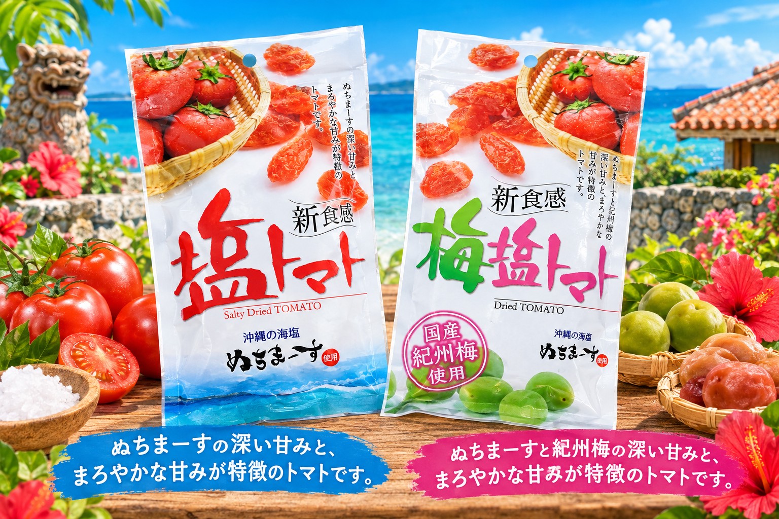 沖縄の海塩ぬちまーすの深い旨みと、まろやかな甘みが特徴の新食感のドライトマトです。 そのまま食べて熱中症対策に、お料理に加えて味のアクセントに、様々な場面でご利用いただけます。 ～沖縄の海塩　ぬちまーす～ 沖縄の方言で、命のことを「ぬち」、塩のことを「まーす」と言います。生命に必要なミネラルに着目し「命の塩」（ぬちまーす）と名付けました。 ぬちまーすの原材料は沖縄県宮城島の太平洋側の海水のみ。 輸入塩、固結防止剤などの添加物は一切使用しておりません。 ～世界初の製法～ 細かい霧を発生させて塩を作る製塩法を「常温瞬間空中結晶製塩法」といいます。 円盤を高速回転させ、海水を細かい霧にし、その霧に温風を当てると、水分だけが瞬時に蒸発し、海水に溶けていた塩分・にがり（塩以外のミネラル）がすべて空中で結晶。 真っ白で、海の成分まるごとの塩が雪のように降り積もります。 この製法は、世界13カ国で認められた、ぬちまーすの特殊製法です。 ぬちまーすの深い旨みと、まろやかな甘みが特徴の定番「塩トマト」と、塩トマトに国産紀州梅の香りと旨みがをプラスした「梅塩トマト」の2種類がございます。 是非、ご賞味下さい。 1袋あたりの大きさ：縦約24cm×横約13.5cm×厚さ約3cm 発送重量：約150g 【発送方法について】 ■クリックポスト：送料240円　4点まで ・原則ポスト投函になります。 ・配達日や配達時間の御指定が承れません。 ・郵便追跡が可能ですが、投函後の紛失や破損に関しましては補償がございません。 ・船便でのお届けとなる為、発送からお届けまで約4〜6日前後お時間を頂きます。 ・厚さ制限がある為、簡易梱包での発送となります。 ■ネコポス(送料350円)　4点まで ・配達記録付きで追跡サービスがご利用頂けます。 ・配達日や配達時間の御指定が承れません。 ・発送からお届けまで2～4日前後でお届け致します。 ・厚さ制限がある為、簡易梱包での発送となります。 ・万一の破損についての補償はございません。 ・初期表示がクリックポスト送料240円で表示される為、決済時に110円を加算させて頂きます。 ■レターパックプラス(送料+360円)　6点まで ・配達記録付きで郵便追跡サービスがご利用頂けます。 ・配達日や配達時間の御指定が承れません。 ・発送からお届けまで2日前後でお届け致します。 ・エアーキャップ(緩衝材)で梱包して専用封筒でお届け致しますが、万一の破損についての補償はございません。 ・初期表示がクリックポスト送料240円で表示される為、決済時に360円を加算させて頂きます。 ■宅配便(送料：950円)　20kgまで 宅配会社の補償付きの配送方法です。 ・発送からお届けまで2～3日前後でお届け致します。 一部地域を除き、配達日や配達時間指定が可能です。 配達日御指定の場合、3営業日以降からの御指定となりますが、お届け地域や在庫状況により御希望に添えない場合がございます。 (お急ぎの場合は「配達日指定無」にて御注文下さい。) ・離島へのお届けは、ゆうパックとなり、別途送料500円を頂戴致します。 ・初期表示がクリックポスト送料240円で表示される為、決済時に710円(離島は710円＋ゆうパック追加料金500円)を加算させて頂きます。 ☆温度・湿度等、良い状態でお届けできますよう、お客様からの御注文確認後にメーカーへ発注致します。 その為、御出荷まで最長で1週間前後頂戴致しますこと、入荷商品がリニューアル等で予告なく画像と異なるパッケージでの出荷とさせて頂くこと、稀にメーカー欠品が発生してしまう場合(御連絡を差し上げます)がございます。 御了承の上、御注文下さいますようお願い申し上げます。