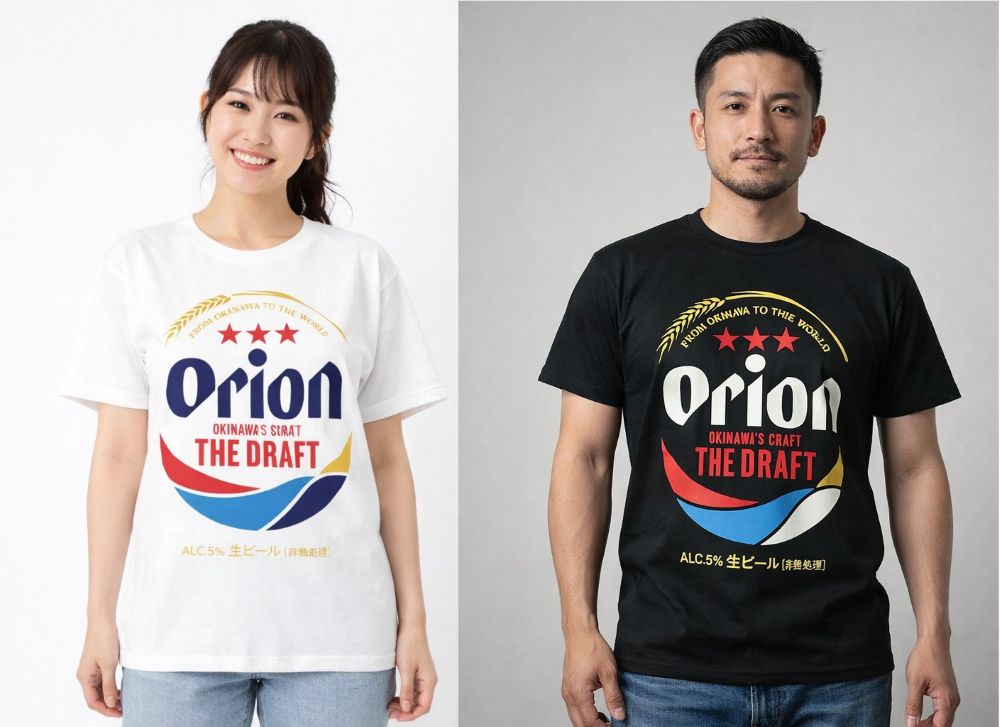 送料185円～ 沖縄限定 オリオンビール Tシャツ ドラフト缶 綿 白 or 黒 ホワイト or ブラック 沖縄土産 沖縄お土産 沖縄Tシャツ 琉球ワークス 正規品 ( S or M or L or XL ) ※受注発注の為、ご出荷まで1週間前後お時間を頂きます。(※配達日時指定不可）