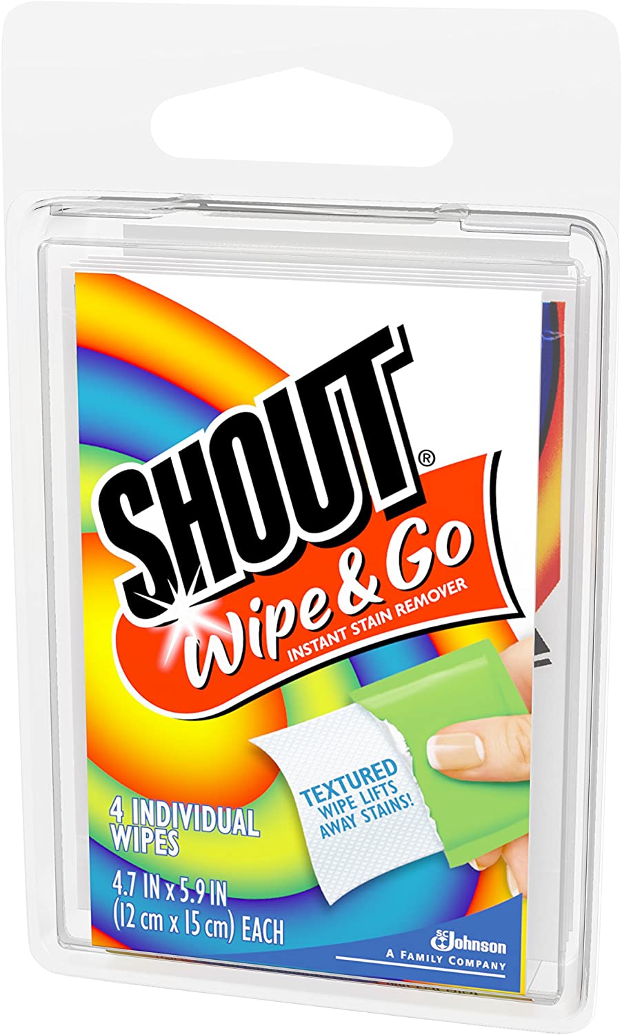 Johnson SHOUT Wipe & Go INSTANT STAIN REMOVER 4 INDIVIDUAL WIPES ジョンソン シャウト ワイプ＆ゴー インスタント ステイン リムーバー 4枚入り ハウスホールド先進国といわれるアメリカで、シミ取りで代表的な存在「ジョンソン・シャウト」の衣類用携帯用しみ取りシートになります。 お出かけ先でのお食事等で、うっかり食べこぼし・・・ワインやコーヒー等着色した飲み物を衣類に・・・ ウェットティッシュタイプに個装されているWipe&Goで汚れた箇所を拭き取って頂ければ、速やかに汚れを落とすことができます。 衣類が汚れてから帰宅してお洗濯がなされるまでに時間が経ってしまい、着色汚れが衣類沈着するのを防ぐメリットもございます。 薄く場所を取らない個装タイプなので、バッグに忍ばせておくだけで、外出先でのうっかりシミ・食べこぼし・飲みこぼしも慌てることはございませんね。 【用途】衣類用しみ落としシート 【成分・液性】界面活性剤、洗浄剤・弱酸性【使用上の注意事項】 ●色あせしないすべての衣類やドライ指定の衣類に使用可ですが、念のため目立たない部分で試してからご使用ください。 ●シルク・レーヨンは特にご注意ください。 ●サビ、乾いた絵の具、インク、染色剤などのシミは落とすことが出来ません。 ●乳幼児の手の届く場所に置かないでください。 ●用途以外には使用しないで下さい。 【シートの大きさ】約12cm×約15cm 【重量】約33g ★送料・・・1点200円・2〜3点220円・4点300円・5〜7点350円・8〜15点510円・16〜30点710円(いづれも定形外郵便)・31点以上は宅配便にて950円 ※30点以下の御注文でも配達日時(時間)指定有の場合は宅配便送料(950円)での御案内となります。